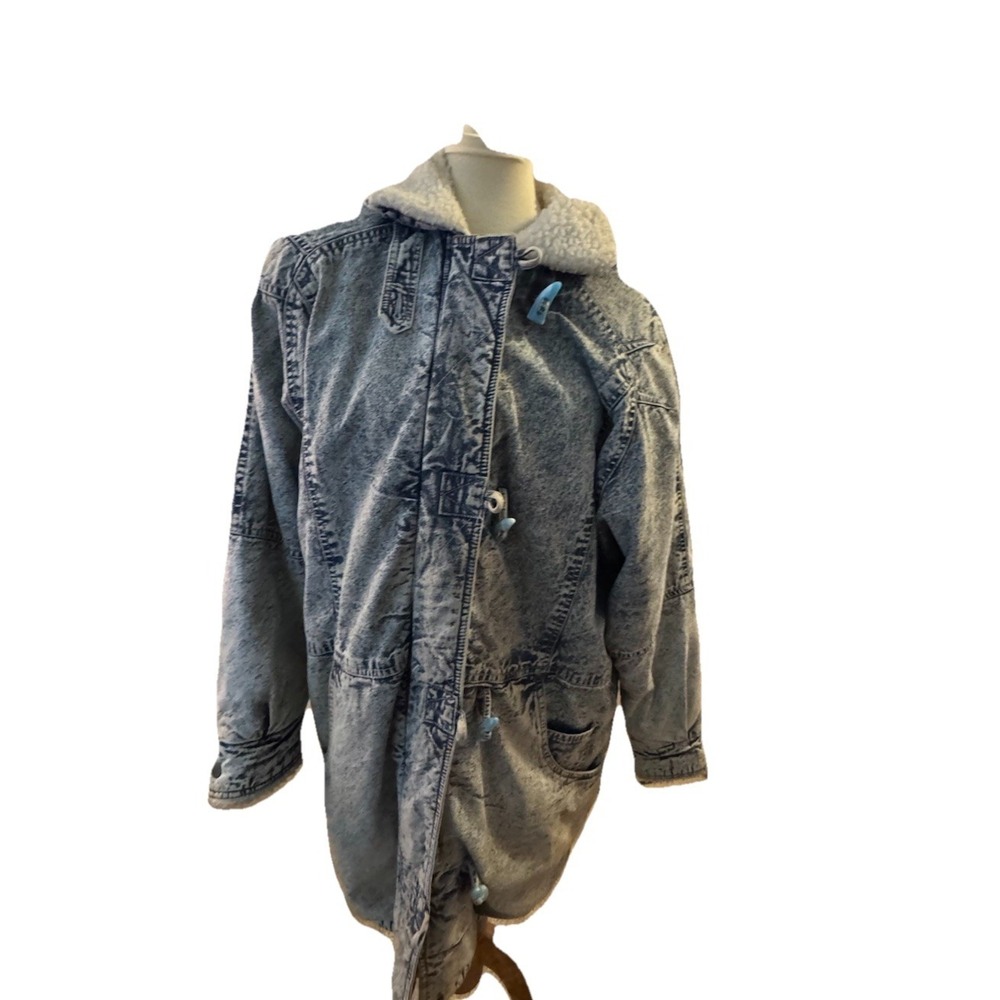 VINTAGE Weathered Blues Denim Jacket sz 10 acid‎ wash sherpa